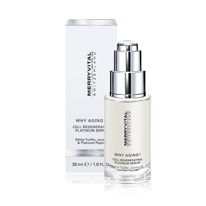 ein freigestelltes Bild von der Umverpackung sowie dem Platinum Serum von Merryvital.